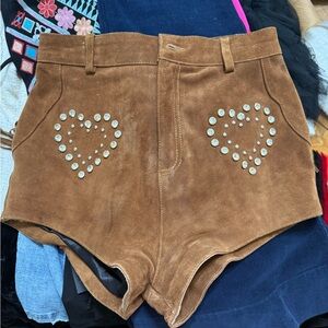 High Waist Brown Suede Shorts with Heart Studs